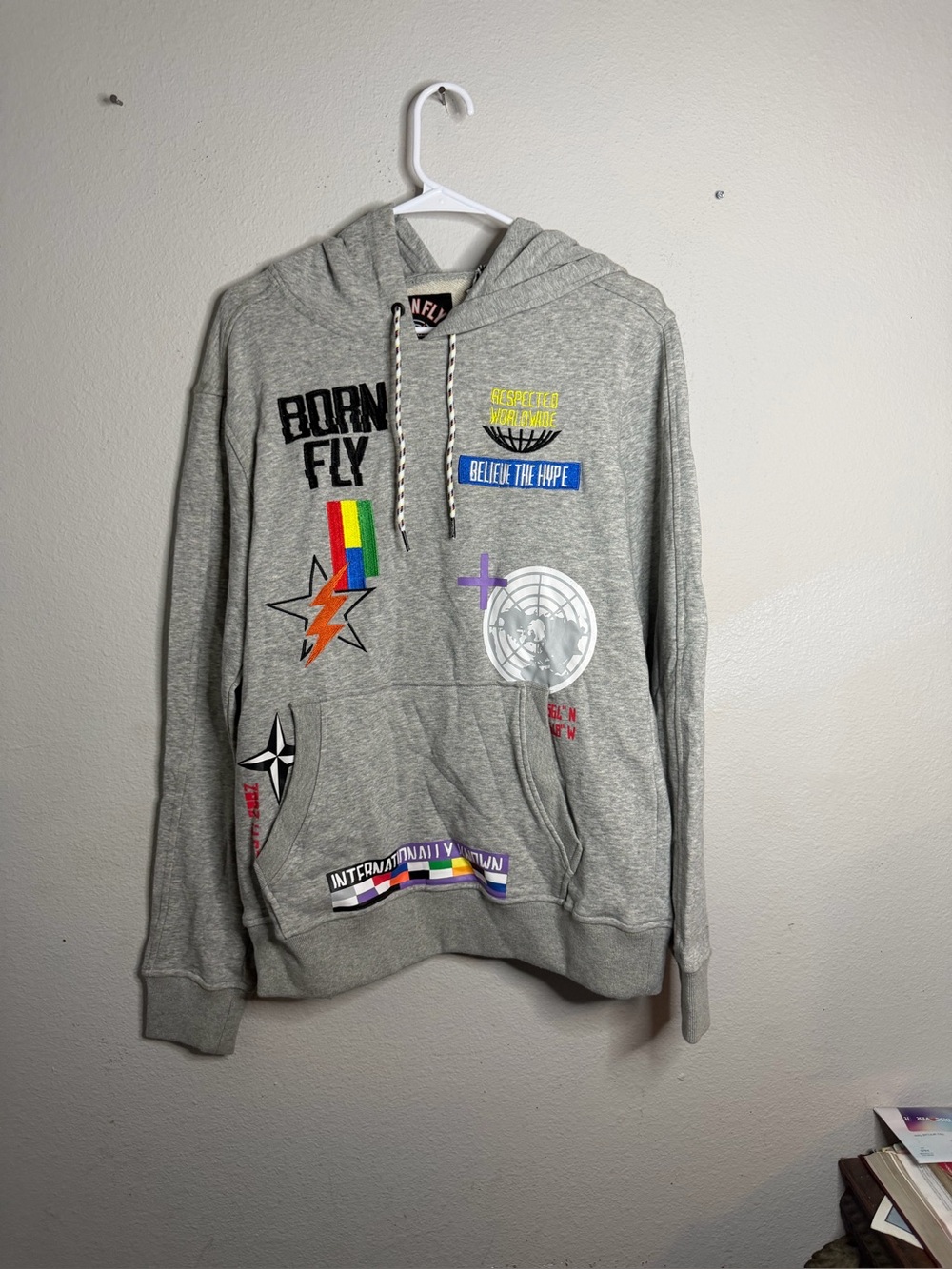 Born Fly Gray Graphic Pullover Hoodie NWT Size Small Embroidered Streetwear